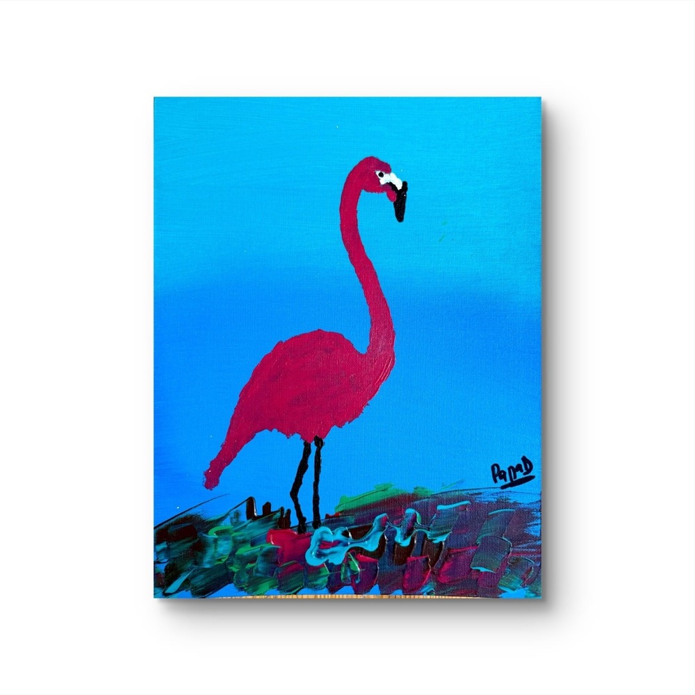 Papa Diouf Original Painting Pink Flamingo Tropical Art 11x14 Canvas New